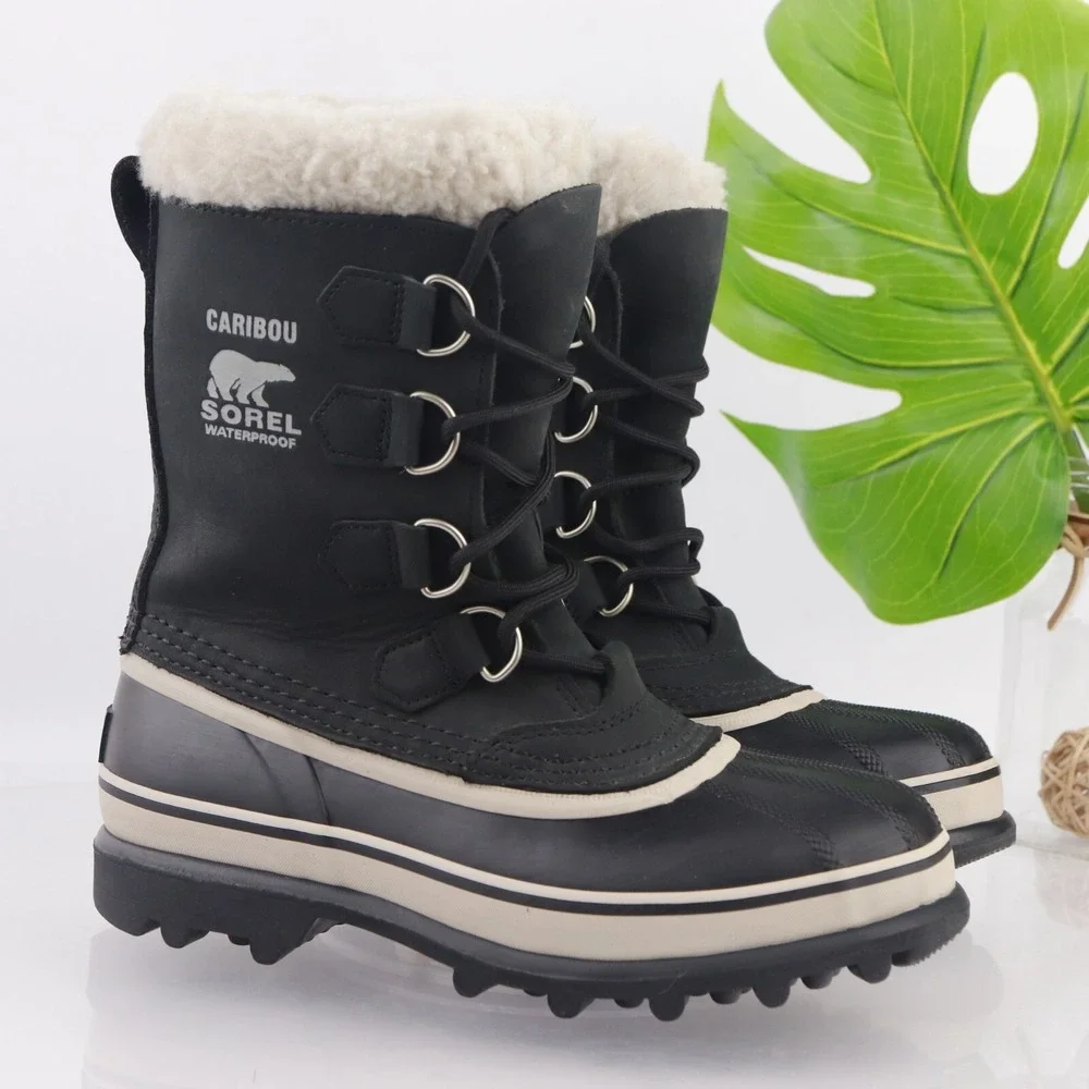 Sorel Womens Caribou Snow Boots Size 7 Waterproof Black Leather Lace Up Winter